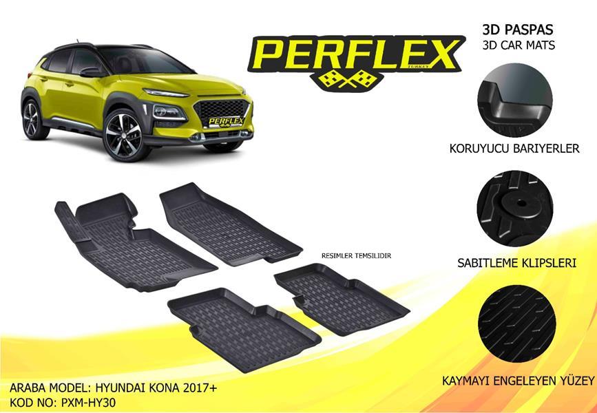 PERFLEX 3D X-MAT HAVUZLU PASPAS ÇEŞİTLERİ SİYAH HYUNDAI KONA 2017 3D X-MAT 5 PCS