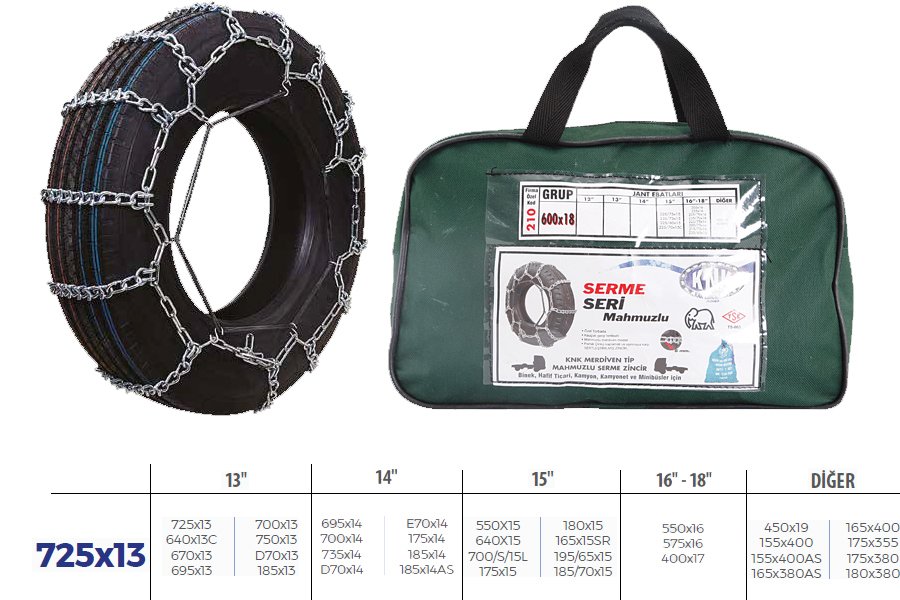 PATİNAJ ZİNCİRİ BİNEK VE HAFİF TİC.ARAÇ SERME 13-14-15-16 JANT 725x13 ZİNCİR EBATLARI İÇİN RESİME