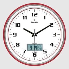 T-1971-NG DUVAR SAATİ KIRMIZI-GRİ ÇİZGİ ÇERÇEVELİ 35.5CM TAKVİMLİ TERMOMETRELİ HİGROMETRELİ ANALOG VE DİJİTAL GÖSTERGELİ AMERİKAN BRİSTOL KADRAN AKAR SANİYELİ MEKANİZ METALİK AKREP/YELOKOVAN/SANİYE