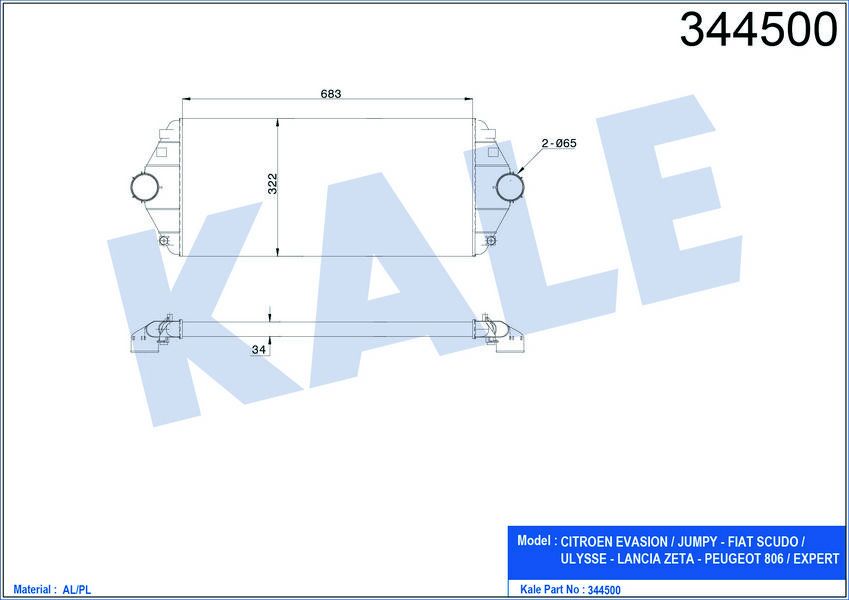 TURBO RADYATÖRÜ INTERCOOLER SCUDO-EXPERT-EVASION-JUMPY-806 1.9TD-2.0HDI AL/PL/BRZ 683x322x34