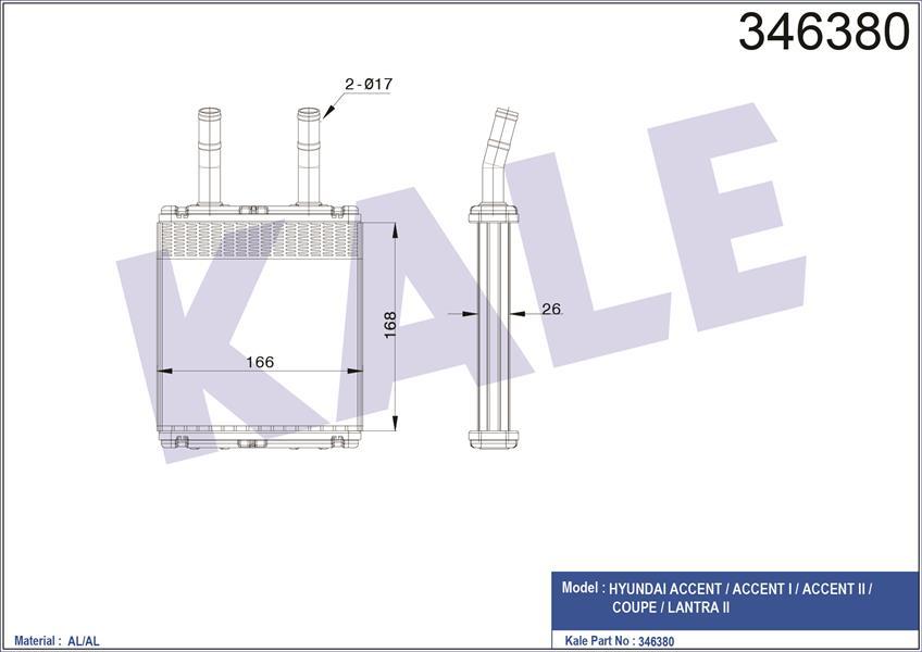 KALORİFER RADYATÖRÜ HYUNDAI ACCENT 1.3L 4G13 95-00 / 1.5L G4EK 95-00 / ADMIRE 1.3L G4EA 01-05 / GETZ 1.3L G4EA 03-05 / 1.5L D3EA CRDi 02-05 - ALEMİNYUM