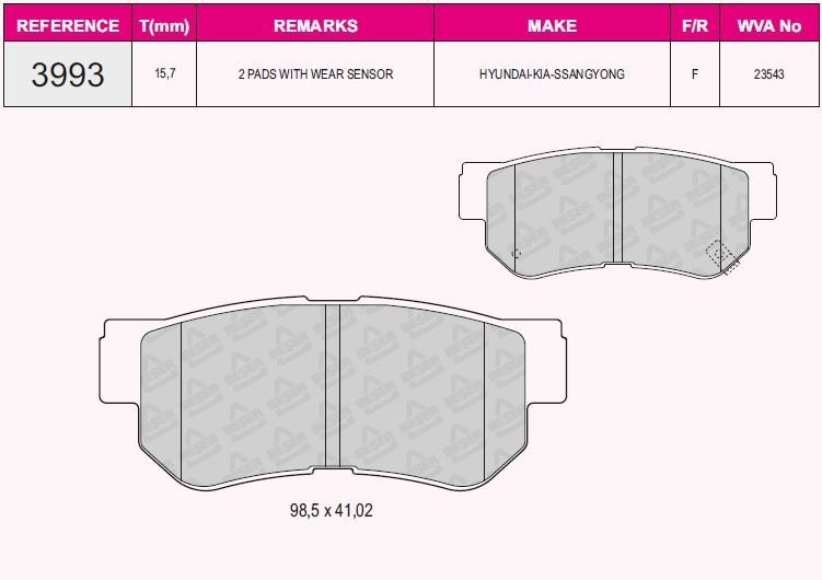 ARKA BALATA HYUNDAI GETZ 02 SANTAFE 01-06 SONATA 01 06 TUCSON 06 SPORTAGE 04