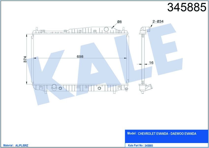 RADYATÖR CHEVROLET EVANDA 05 DAEWOO EVANDA 02 2.0 AC /- MEK 374x700x18 AL/PL/BRZ