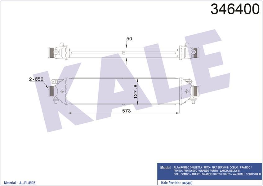 TURBO RADYATÖRÜ INTERCOOLER BRAVO 07 PUNTO 1.4TJET-1.6DMTJ-1.9 DMTJ 05 199A8.000 572x127x50