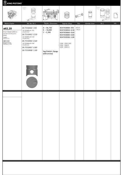 PİSTON KİTİ 1 82.2 0.50 PEUGEOT-CITROEN 206 1.9 D 306 1.9 D EXPERT 1.9 D PARTNER 1.9 D DW8