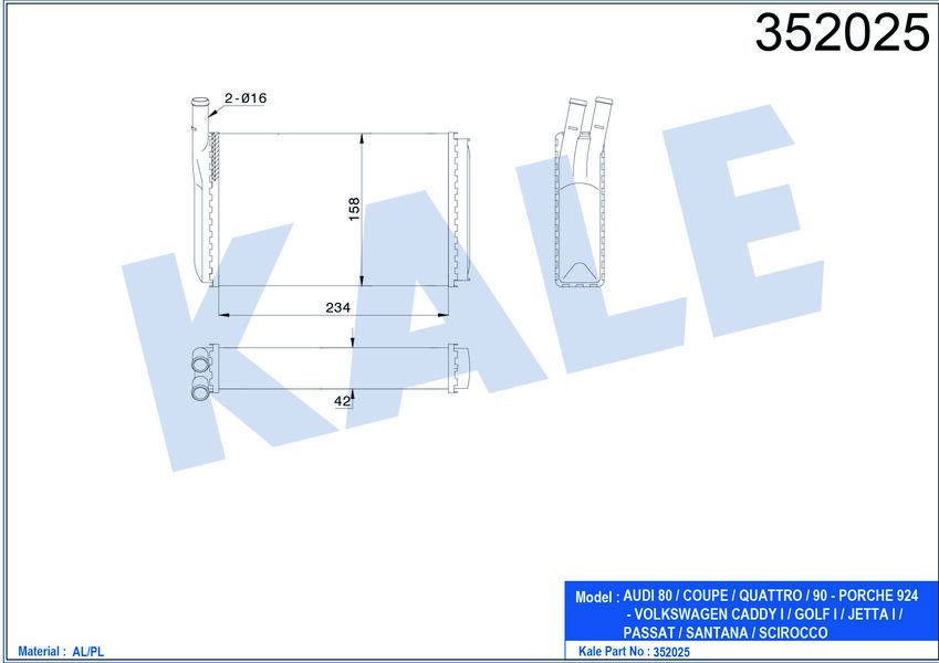 KALORİFER AL/MKNK 80-COUPE-90-PORSCHE 924-CADDY 1-GOLF 1-JETTA 1-PASSAT-SANTANA-SCIROCCO 84 87