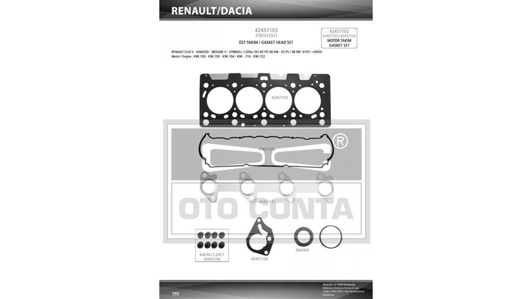 MOTOR TAKIM CONTASI CLIO-KANGOO-MEGANE-LOGAN-SANDERO 1.5DCI K9K TEFLON KEÇELİ SUBAP LASTİKLİ 7701476729 8200379654