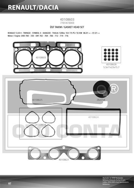 x MOTOR TAKIM CONTASI CLIO 2 1.2 16V D4D700-720-D4F702-704 KEÇESİZ SUBAP LASTİKLİ