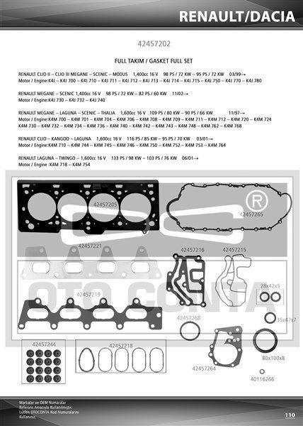 MOTOR TAKIM CONTASI MEGANE-CLIO-LAGUNA-LOGAN 1.4-1.6 16V K4J-K4M KEÇELİ SUBAP LASTİKLİ