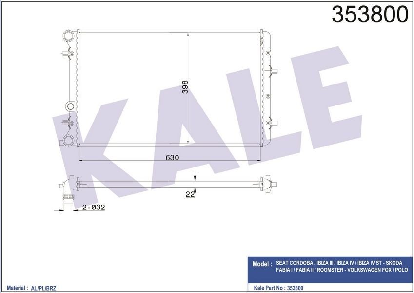 SU RADYATÖRÜ VW POLO 02 SEAT CORDOBA-IBIZA 3 02 SKODA FABIA 99 1.2 1.4 1.6 16V 1.9TDI MT AC NAC MEKANİK 630x414x23 6Q0121253Q-6QE121253A