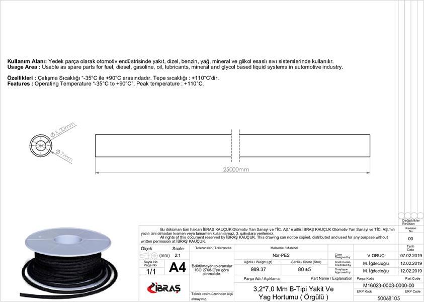 DIŞTAN ÖRGÜLÜ BENZİN YAKIT HORTUMU 3.2 mm x 7.0 mm NBR-B TİPİ-MAKARALI