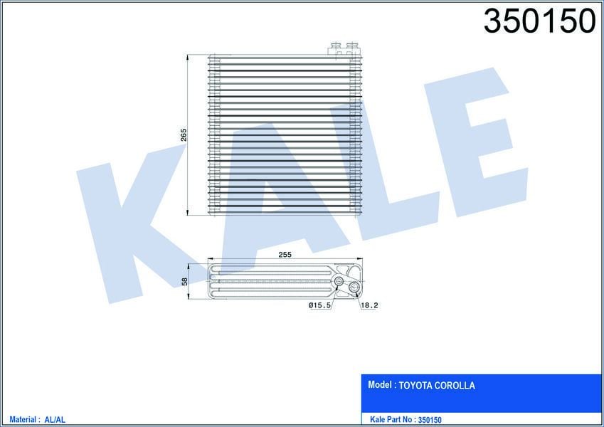 EVAPORATOR TOYOTA COROLLA 1.4-1.6 2.0D-4D 01-08 BRAZING AL/AL 255X265X58