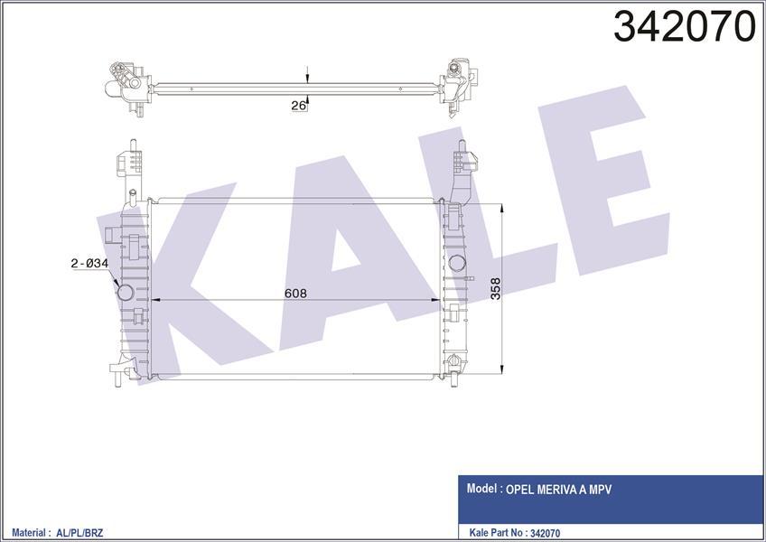 RADYATÖR MERIVA 1.4 16V Twinport-1.6-1.6 16V-1.8: AC KLİMASIZ MEK 607x366x29