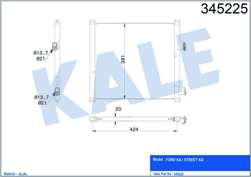 KLİMA KONDENSERİ FORD KA 1.3i-1.6i 96-08 381x445x16 AL/AL