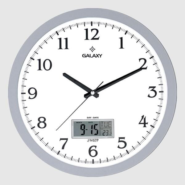 DUVAR SAATİ GRİ ÇERÇEVELİ 35.5CM TAKVİMLİ TERMOMETRELİ HİGROMETRELİ ANALOG VE DİJİTAL GÖSTERGELİ AMERİKAN BRİSTOL KADRAN AKAR SANİYELİ MEKANİZ METALİK AKREP/YELOKOVAN/SANİYE MİNERAL CAM
