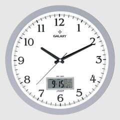 DUVAR SAATİ GRİ ÇERÇEVELİ 35.5CM TAKVİMLİ TERMOMETRELİ HİGROMETRELİ ANALOG VE DİJİTAL GÖSTERGELİ AMERİKAN BRİSTOL KADRAN AKAR SANİYELİ MEKANİZ METALİK AKREP/YELOKOVAN/SANİYE MİNERAL CAM