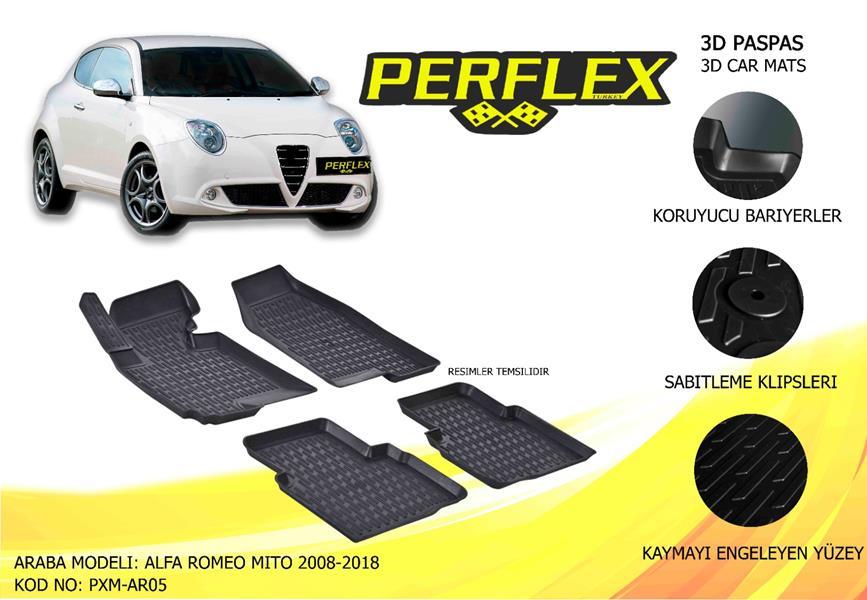 PERFLEX 3D X-MAT HAVUZLU PASPAS ÇEŞİTLERİ SİYAH ALFA ROMEO MITO 2008-2018 3D X-MAT 5 PCS