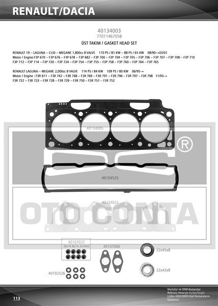 ÜST TAKIM CONTA CLIO 1 91 1.8 LAGUNA-MEGANE 1 95 1.8-2.0 F3P 710/F3P 714 KEÇELİ SİLİNDİR KAPAK CONTASI STANDART SUBAP LASTİKLİ