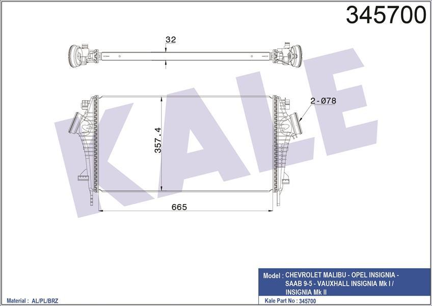 TURBO RADYATÖRÜ INTERCOOLER INSIGNIA A 09 17 1.6 CDTI LET-DTH-DTJ 2.0 DTH-NFT-NHT-DTR AL/PL/BRZ 2.8 NET-NER 665x361.7x32