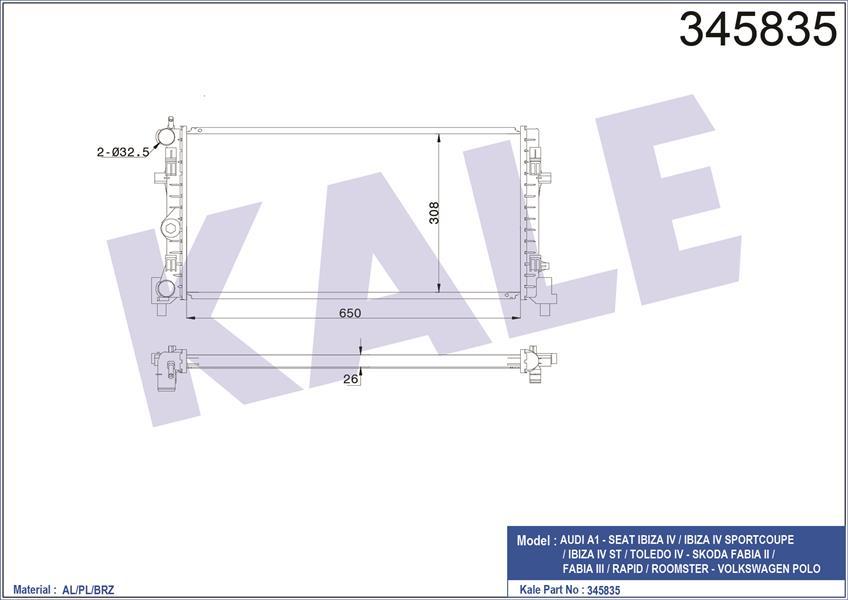 SU RADYATÖRÜ A1 10 IBIZA 4-TOLEDO 4 08 FABIA 2-RAPID-ROOMSTER 06 POLO 09 1.2 1.6 1.9TDI 1.2 1.4TSI 1.2TFSI MT BRAZING 650x308x26 6R0121253N-6RF121253