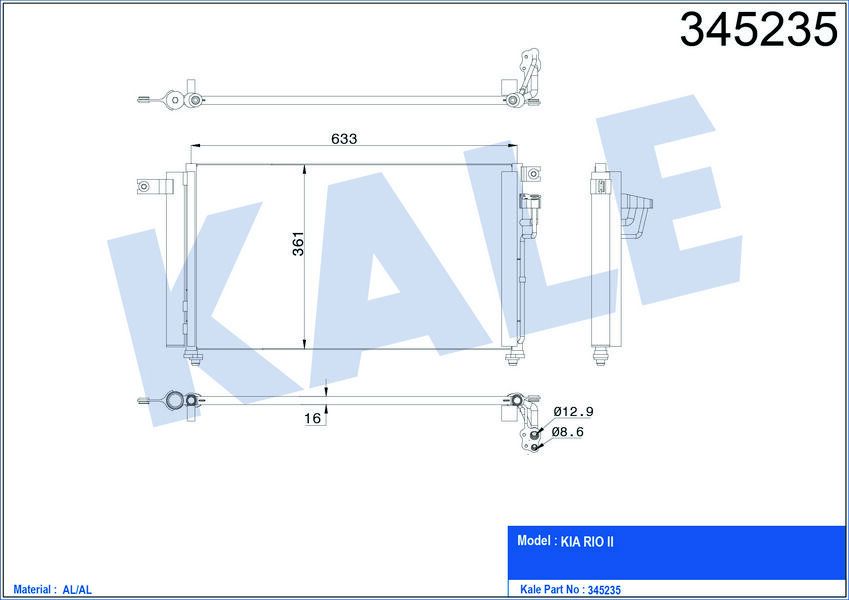 KLİMA KONDENSERİ KIA RİO 1.4-1.6 05 625X360X16 OTO.-MEK. AL/AL