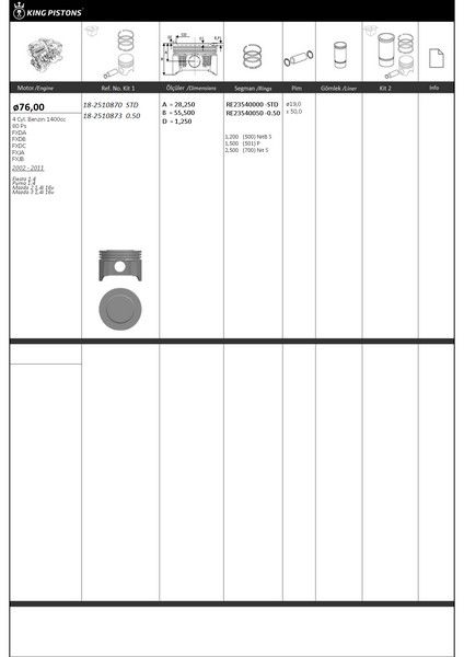 PİSTON KİTİ 1 76 STANDART FORD-MAZDA FİESTA 1.4 PUMA 1.4 MAZDA 2 14İ 16V MAZDA 3 14İ 16V FXDA-FXDB-FXDC -FXJA-FXJB
