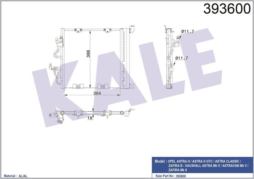 KLİMA RADYATÖRÜ KONDENSERİ OPEL ASTRA H 04 10 ZAFIRA B 05 15 1.3-1.7-1.9 CDTI-DT-DTH-DTL AL/AL 405x385x18