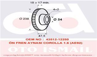 ÖN FREN DİSKİ HAVA KANALLI TOYOTA COROLLA 1.3L 2E EE90. EE100 88-98 1.6L 4A-F AE92 88-91 238 ÇAP X 4 BİJON - Takım disk fiyatıdır
