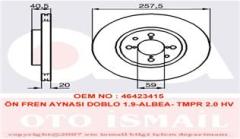 ON FREN DISKI FIAT DOBLO 01> ALBEA YM PUNTO 01> BRAVA-BRAVO 06> 1.3MTJ 257.4x20x 4 DELİK HAVALI