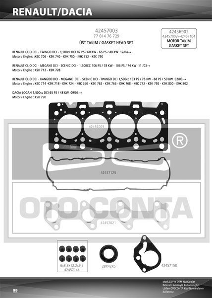ÜST TAKIM CONTASI CLIO-KANGOO-MEGANE-LOGAN-SANDERO 1.5DCI K9K 712-714-718-724-760 TEFLON KEÇELİ SUB.LAS